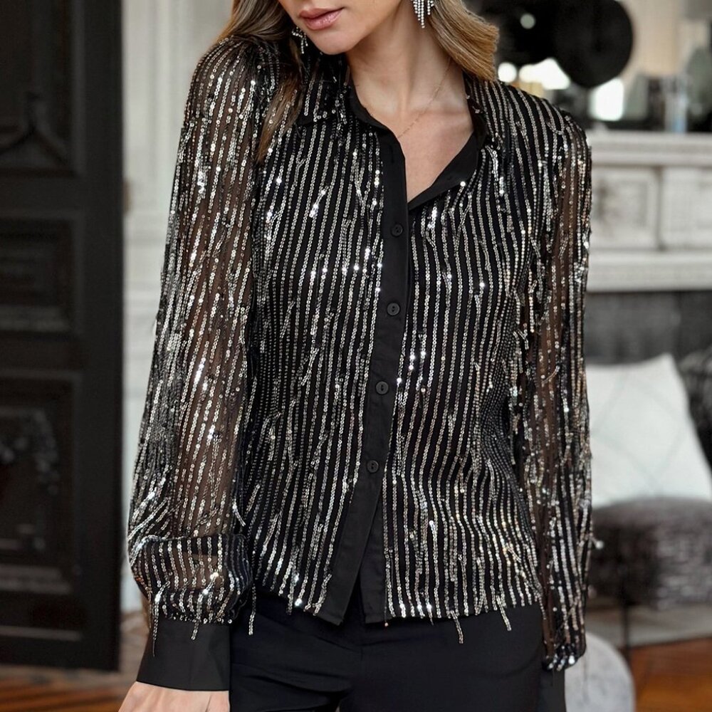 NWOT Black Sequin Striped Button-up Shirt